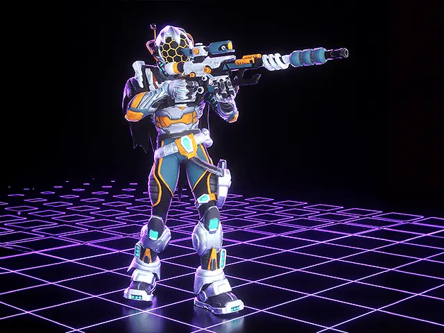 Epsylon holding a sniper rifle with a sci fi grid floor